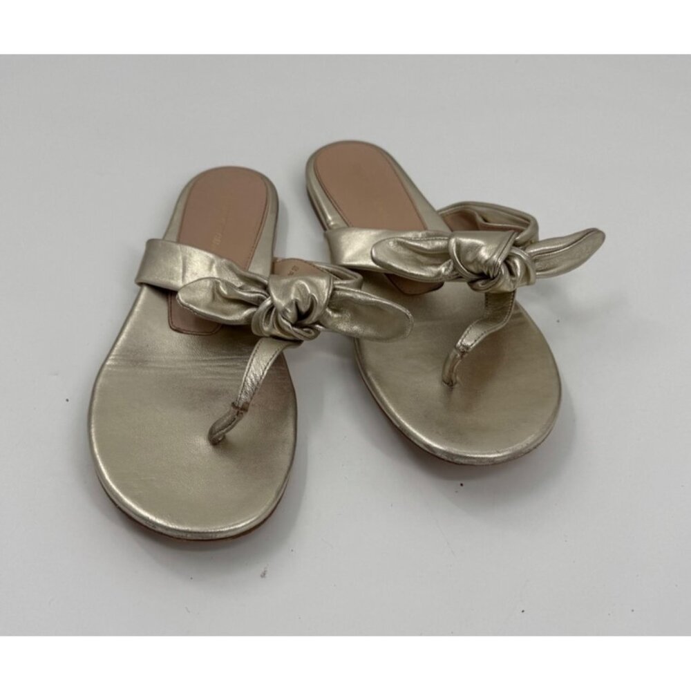 Stuart WeitzmanBandeau Metallic Gold Leather Bow Accent T- Strap Sandals Size 8